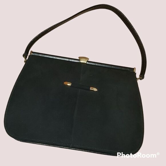 VNTG Retro 60's A Naturalizer Black Faux Suede Simulated Leather Handbag - Picture 1 of 16